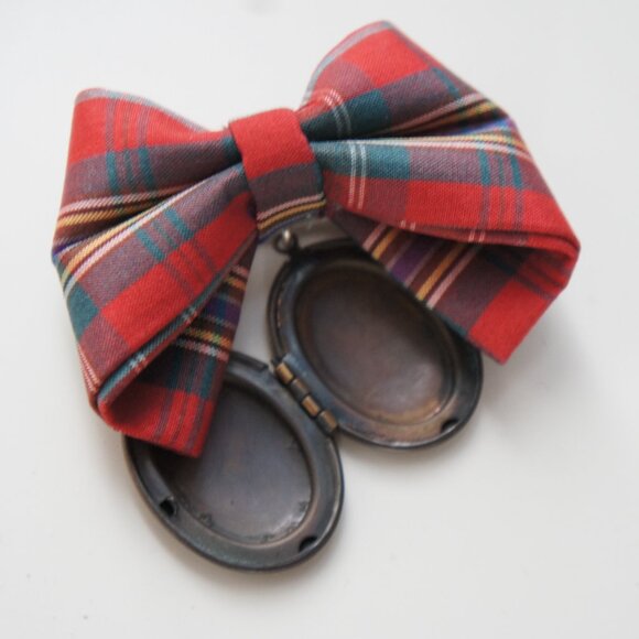 Vintage 1950s Plaid Tartan Gold Oval Locket Brooch Pin - Picture 7 of 9